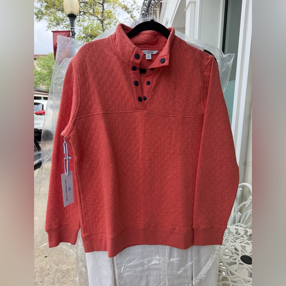 Southern Tide Women’s Quilted Snap-Placket Crewneck Sweater - Coral Red